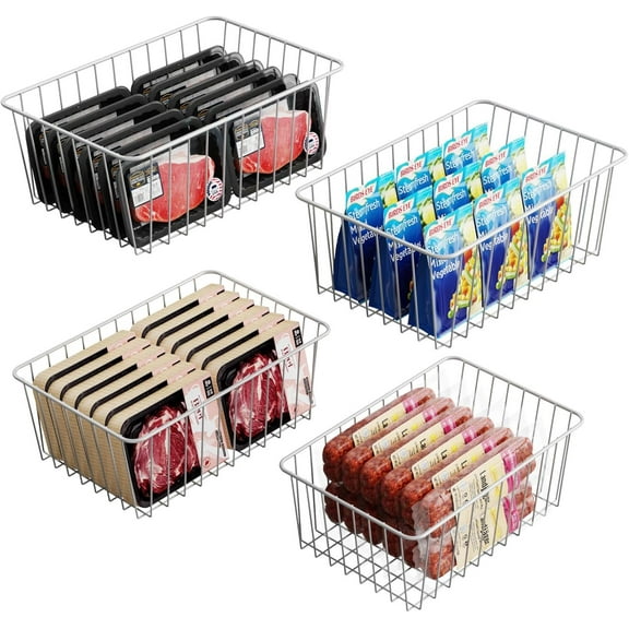 Freezer Organizer Bins - 4 Pack Medium Upright Baskets for 14 to 15.5 cu.ft Stand Up Freezer, Easily Sort and Get , Air Circulation Stops  Sliding Out, White