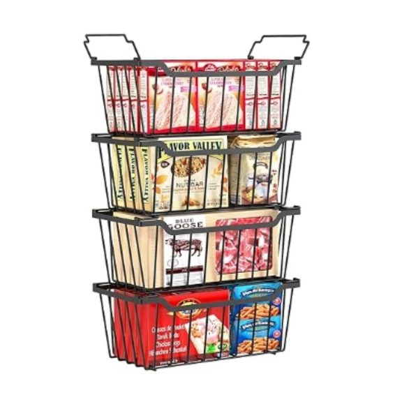 4 Pack Stackable Chest Freezer Organizer for 5-7 Cu.FT Deep Freezer Sort Frozen Meats and Food, Freezer Storage Baskets with Handles Easy Reach from Bottom, Black