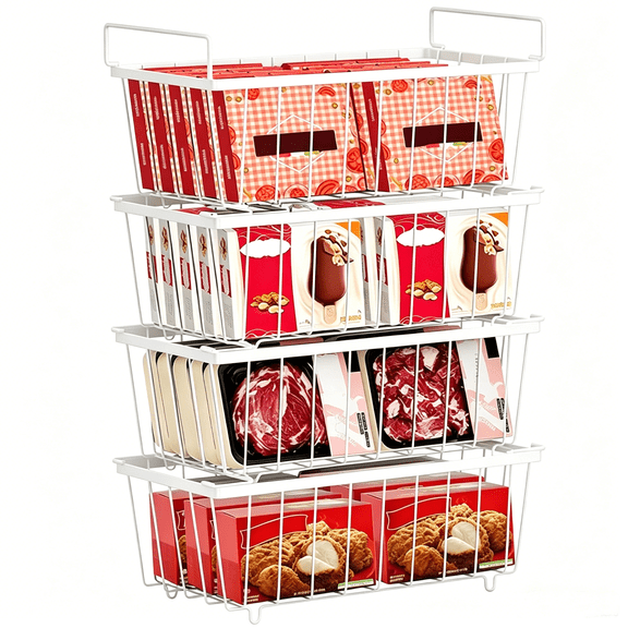 Freezer Organizer Bins, 4 Pack Stackable Chest Freezer Organizer for 5-7 Cu.ft Deep Chest Freezer Organization, Freezer Organizer Bins Easy to Get Food from Bottom Prevent Frozen Food Waste(White)