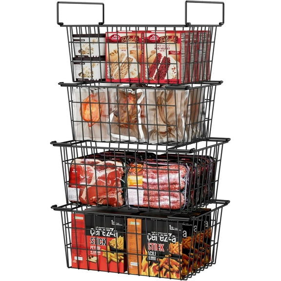 Freezer Organizer Bins, 4 Pcs Stacking Chest Freezer Baskets for 7.0 Cu.Ft Deep Freezer Add Space Sort Store Frozen Food, Easy Reach From Bottom Freezer Storage Baskets with Large Capacity