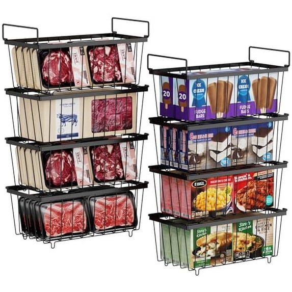 Freezer Organizer Bins - 8 Pack Small Stackable Deep Freezer Organizer Bins for 7 Cu.Ft Freezers Easy Get Bottom Foods without Digging, Chest Freezer Organizer Prevent Frozen Food Waste, Black