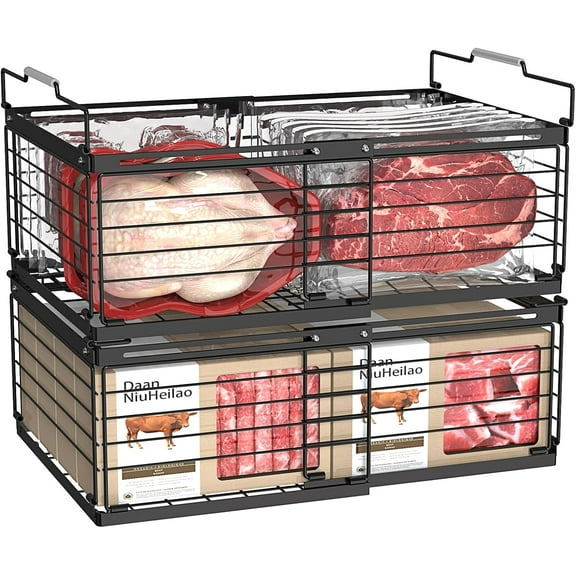 Freezer Organizer Bins, Large Expandable Stackable Chest Freezer Containers with Handle, Metal Adjustable Storage Baskets for Fridge, Deep Freezer, Cabinet, Kitchen, Pantry - Black