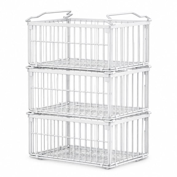 Freezer Organizer Bins, Stackable and Foldable Wire Baskets, 3 Pack, White Iron, 15.1 x 10 x 7 in, for 5-10 Cu.FT Chest Freezers