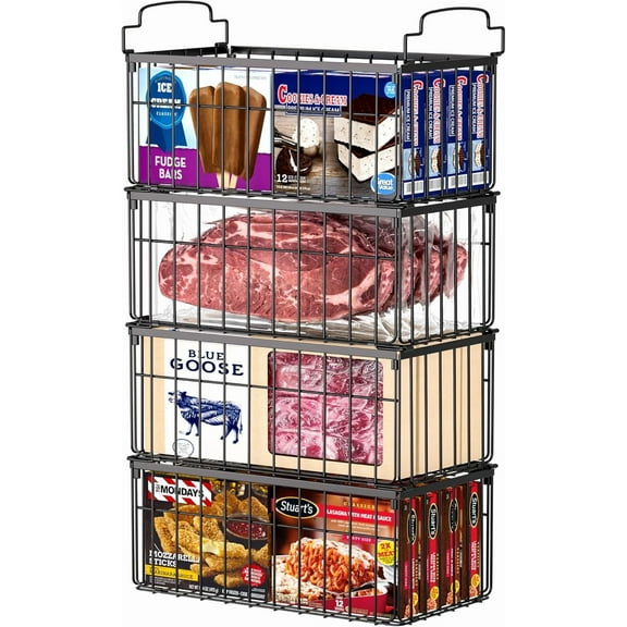 Freezer Organizer Bins, TAIMASI 4 Pack Stackable Deep Chest Freezer Baskets with Foldable Handles, Coated Metal Storage Containers for 3.5-7 Cu.FT Deep Freezer, Frozen Meats Food Organization