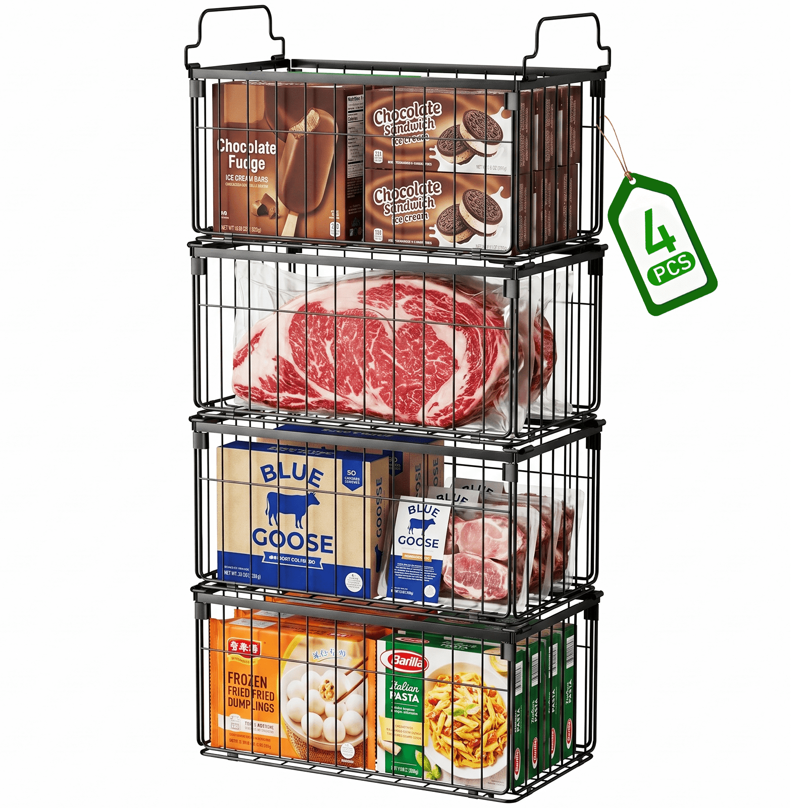Freezer Organizer Bins, TAIMASI 4 Pack Stackable Deep Chest Freezer Baskets with Foldable Handles, Coated Metal Storage Containers for 3.5-7 Cu.FT Deep Freezer, Frozen Meats  Food Organization