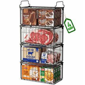 Freezer Organizer Bins, TAIMASI 4 Pack Stackable Deep Chest Freezer Baskets with Foldable Handles, Coated Metal Storage Containers for 3.5-7 Cu.FT Deep Freezer, Frozen Meats Food Organization