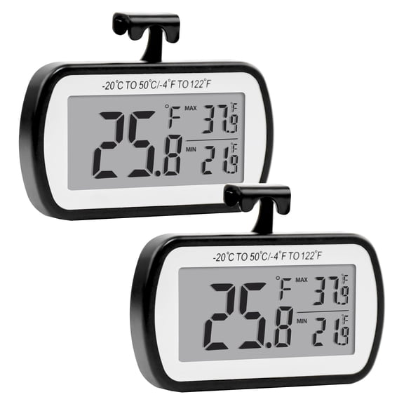 Freezer Refrigerator Thermometer Digital 2 Pack, Large Screen Temperature Monitor with Max Min Function, Waterproof for Cafe Wine Cellar Pharmacy, Black