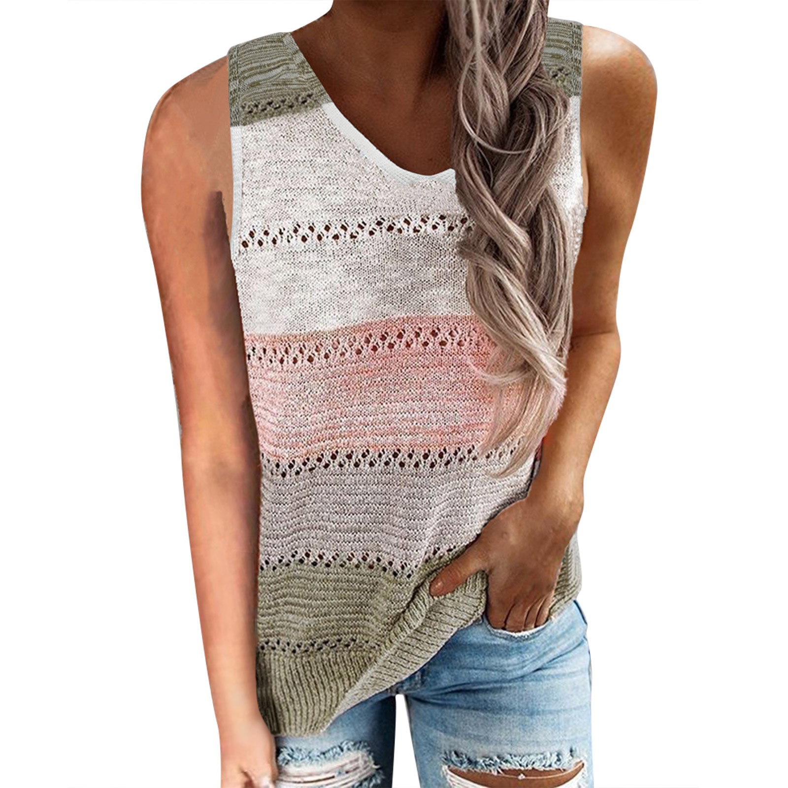 Frehsky Sweater Vest Ladies' Casual V Neck Paneled Versatile Sleeveless