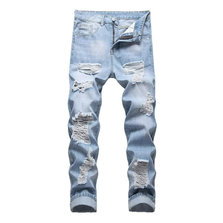 Frehsky jeans for men ripped jeans Mens Fashion Casual Straight Hole Buckle  Zipper Denim Long Pants Trousers Light Blue 
