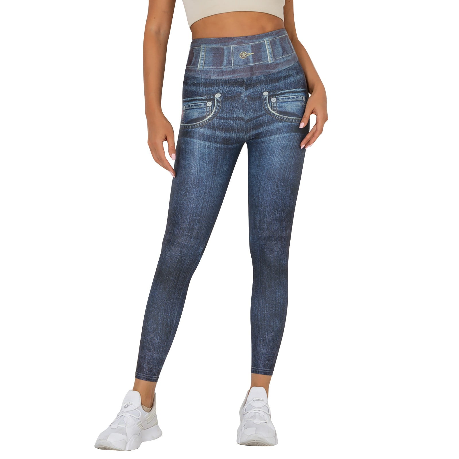 Frontwalk Women High Waist Imitation Denim Fake Jeans Elastic