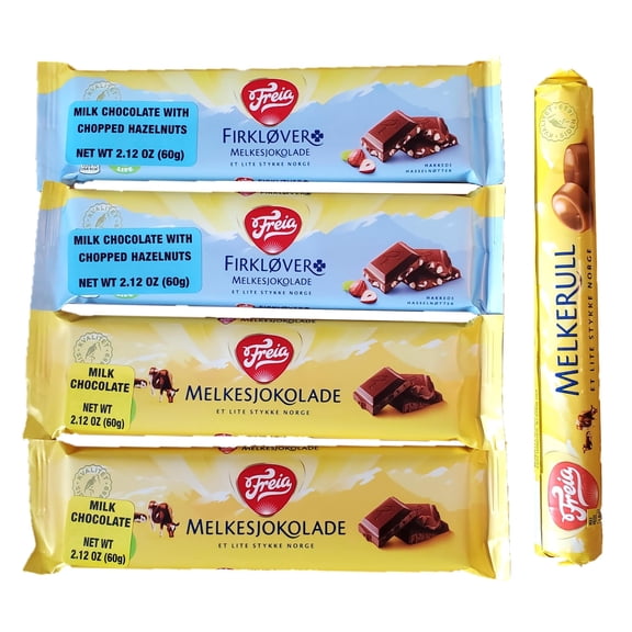 Freia Norwegian Chocolate Variety Pack (2 Melkesjokolade 60g, 2 Firklover 60g, 1 Melkerull 74g) - Milk Chocolate and Hazelnut