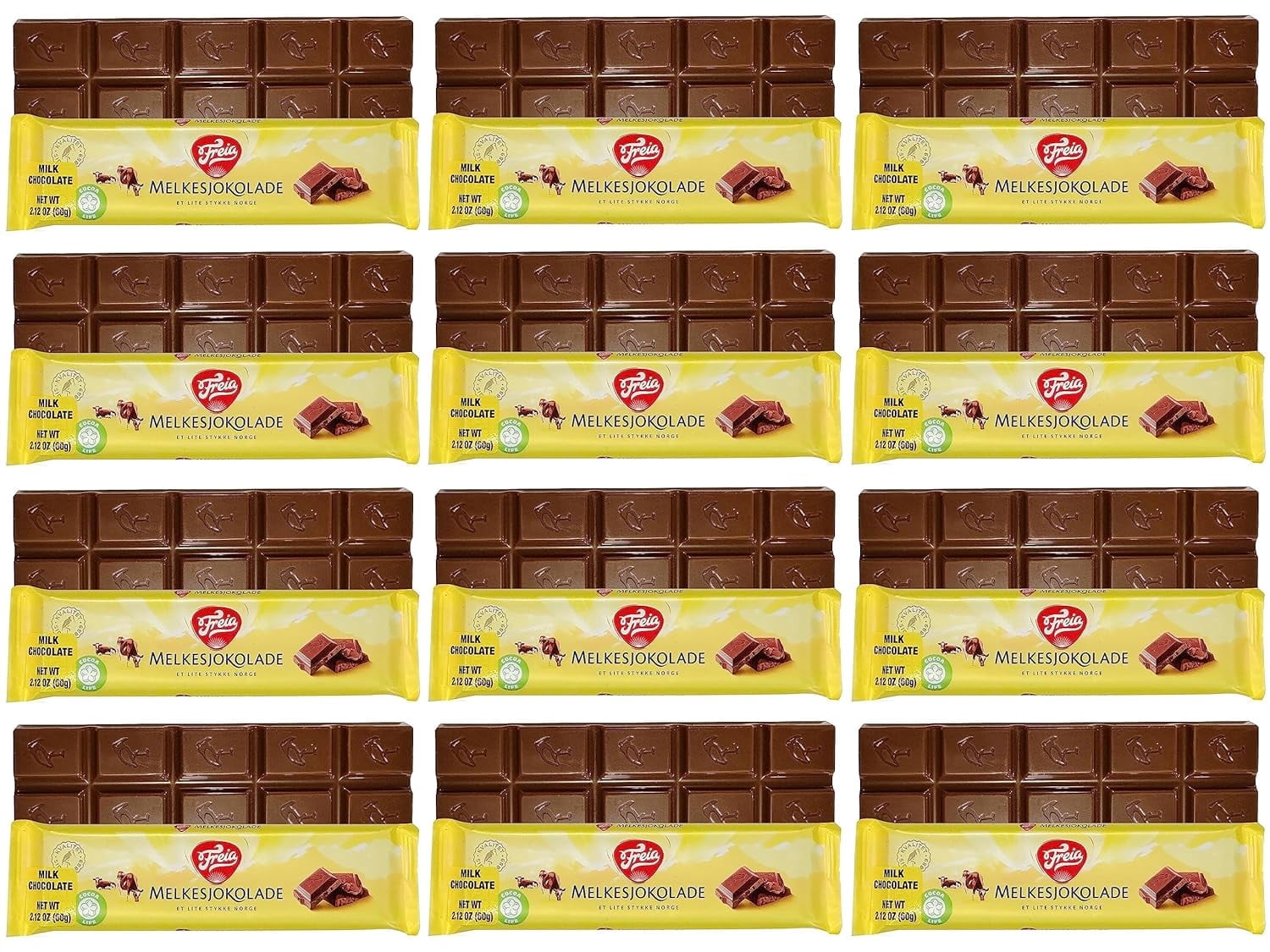 Freia Norwegian Milk Chocolate Bars, 12-Pack, 60g, Individually Wrapped, Rich, Decadent, Smooth Melt-in-Your-Mouth