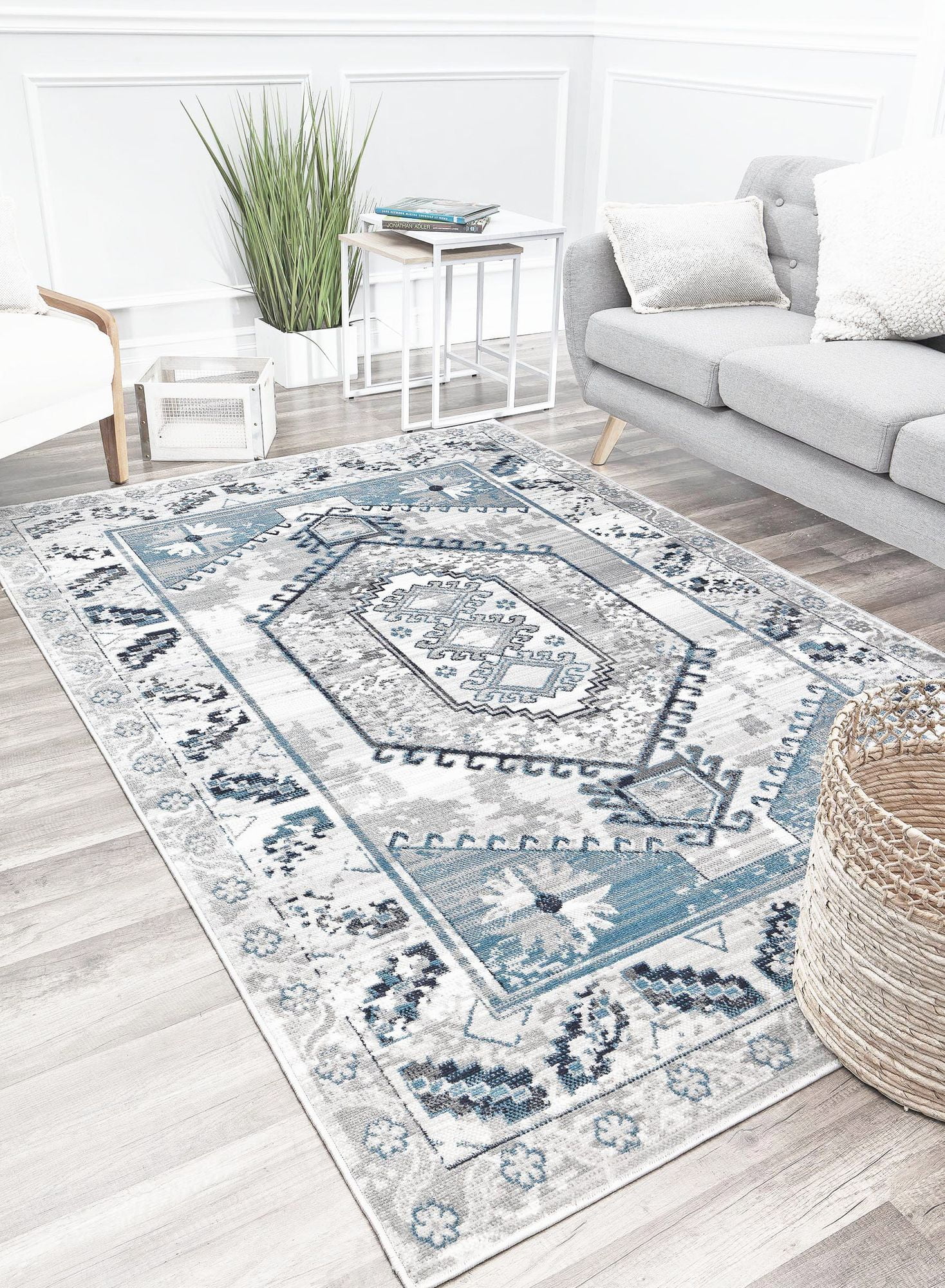 Freida FY10A Misty Blue Vintage Farmhouse Gray Area Rug, 2'6"x8'