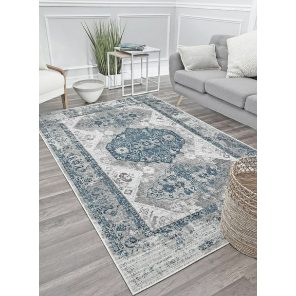 Freida FY25A Blue Grey Vintage Farmhouse Gray Area Rug, 2'6"x8'