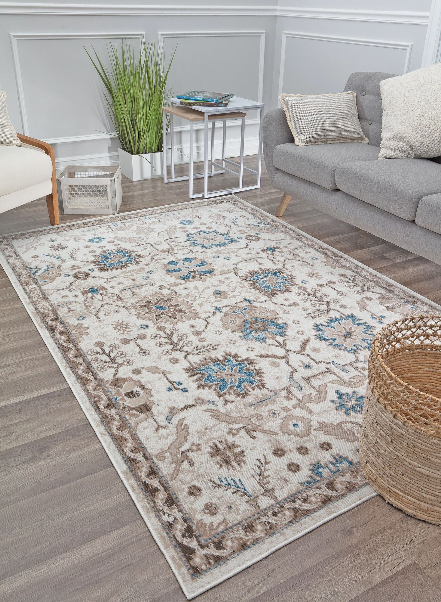 Honeysuckle Cream and Blue Synthetic Rectangular Area Rug