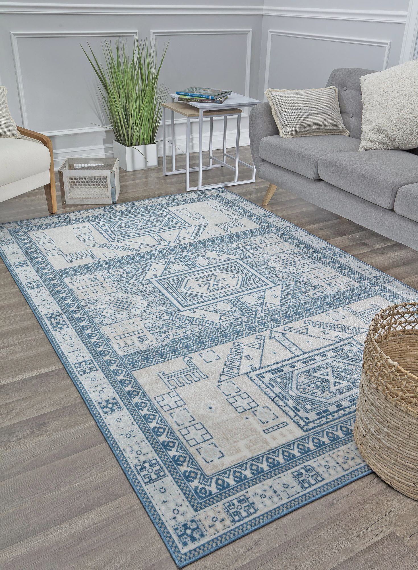 Azure Elegance 5' x 7' Reversible Blue Synthetic Area Rug