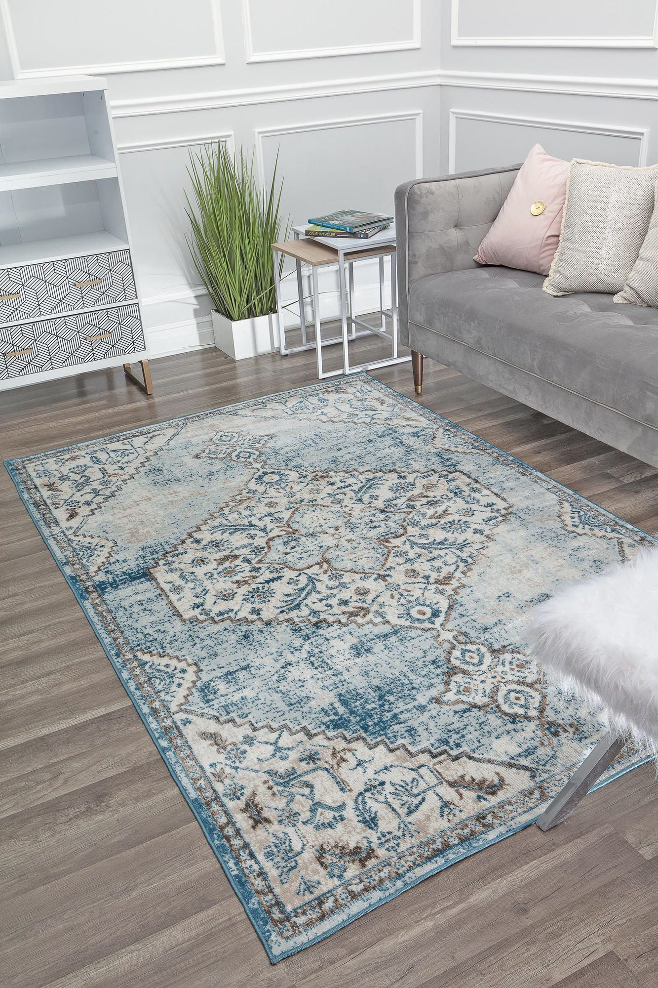 Freida FY65A Powder Blue Vintage Farmhouse Blue Area Rug, 2'6"x8'