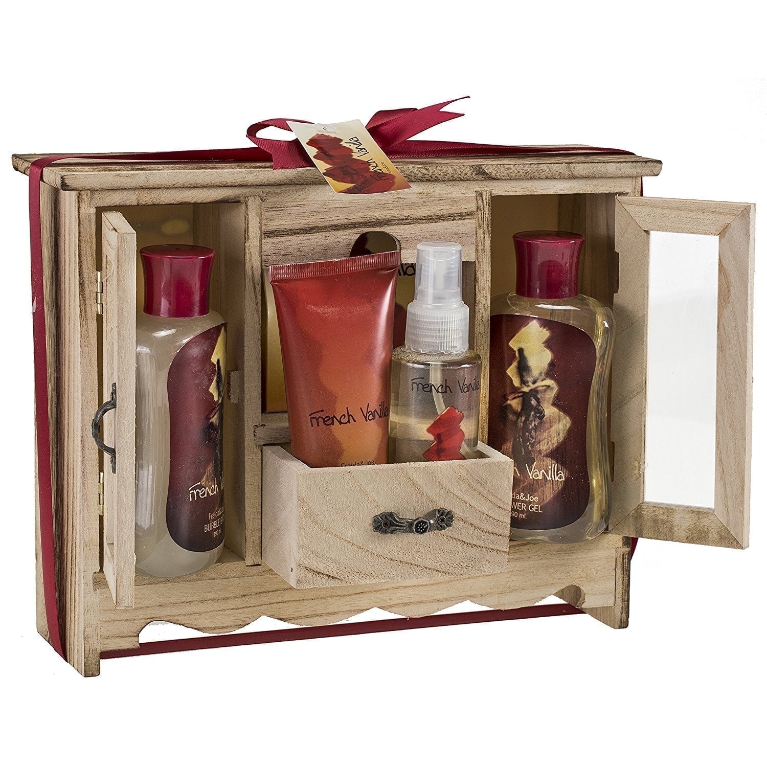 Freida and Joe Bath and Body Gift Set for Her French Vanilla Bath & Body Essential Aromatherapy Set for Women in Natural Wood Curio - Perfect Gift Basket for Women