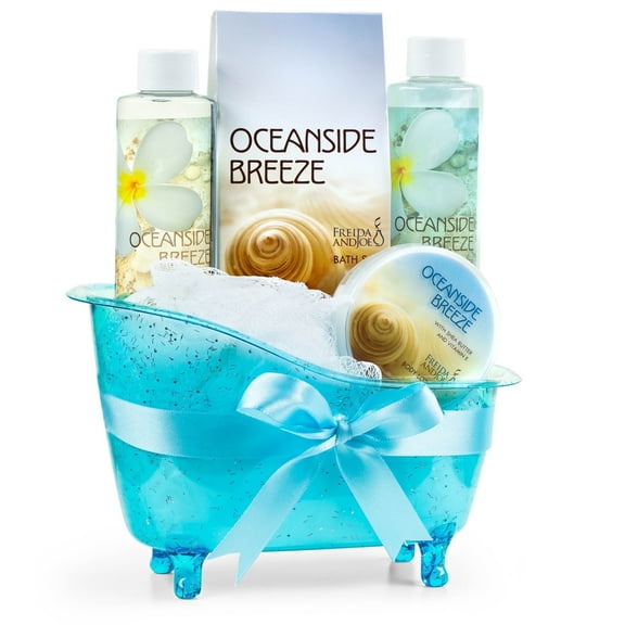 Oceanside Breeze Bath and Body Gift Set for Women  5pc Spa Gift Basket with Shower Gel, Lotion, Bath Salt  Self Care Gift Set for Her in Blue Tub