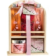 Freida and Joe Mother's Day Bath and Body Gift Set for Her Deluxe Cherry Blossom Relaxing Spa Basket For Women: Indulge Bath Set Home Spa Package in a Wooden Curio - Perfect Gift Basket for Women