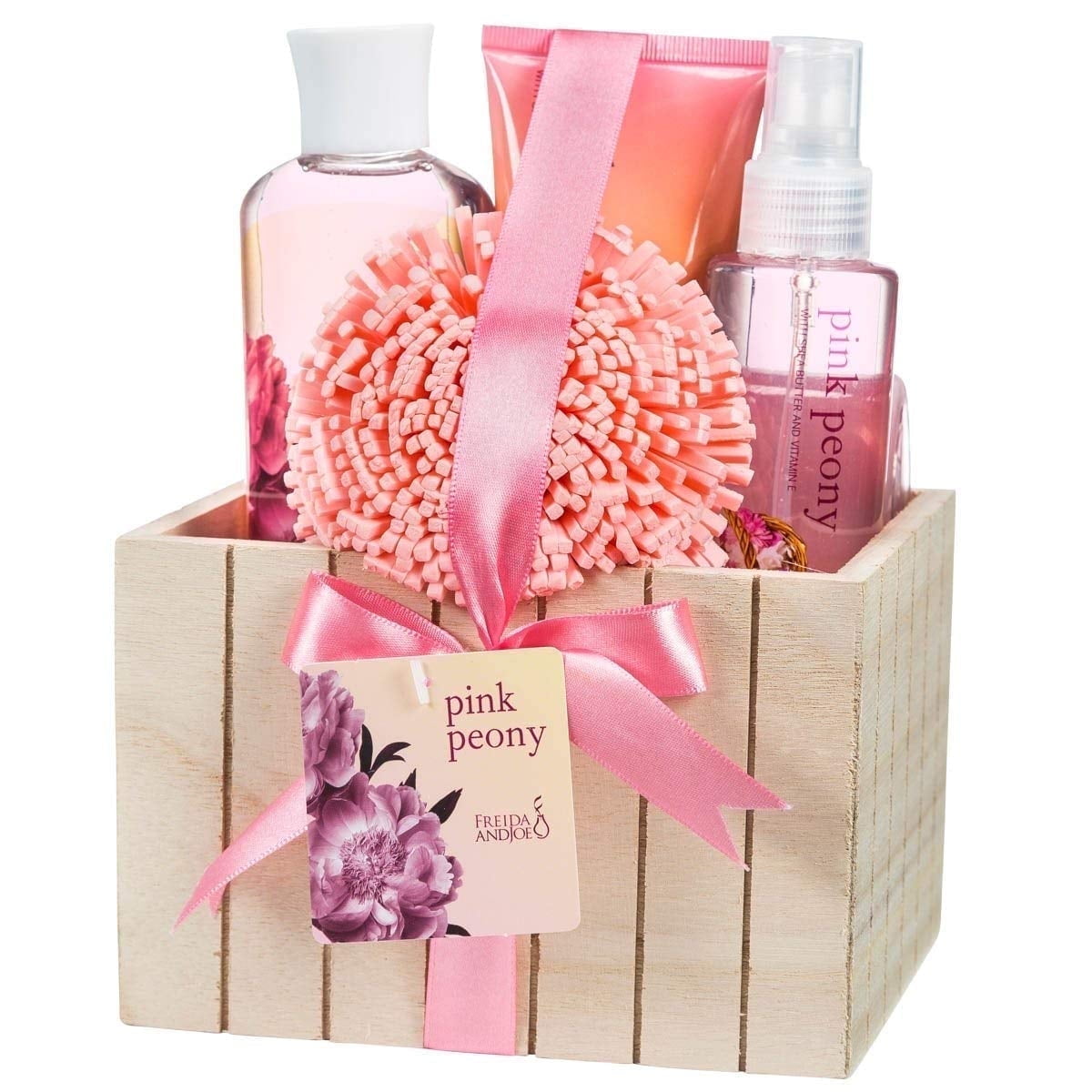 Freida and Joe Mother's Day Bath and Body Gift Set for Her Pink Peony Bathroom Bath Set for Women, Complete Skincare Products in a Natural Wood Plant Box - Perfect Gift Basket for Women