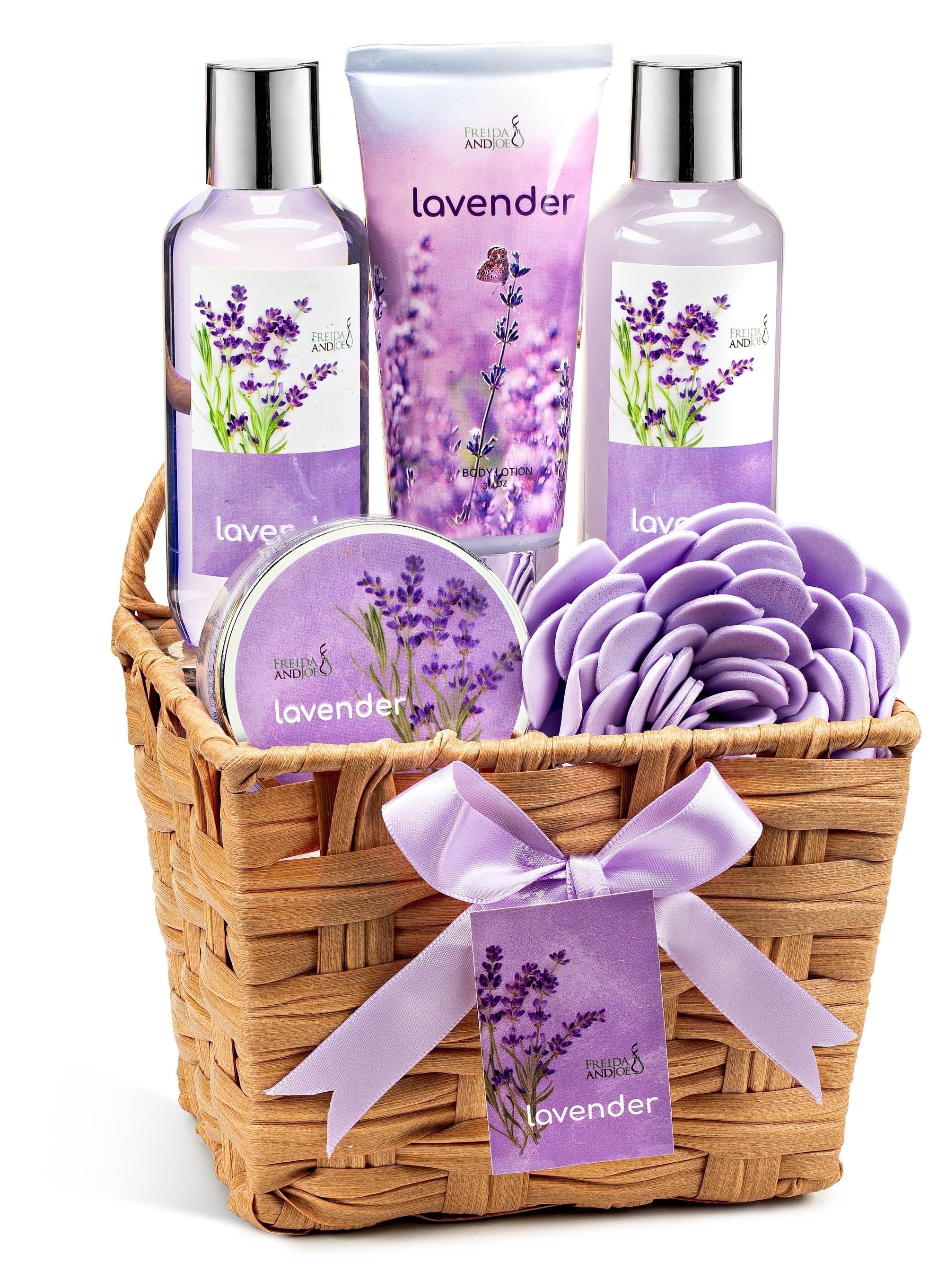 Lavender Bath and Body Gift Set for Women & Men  6pc Relaxing Spa Gift Basket with Shower Gel, Bubble Bath, Body Scrub, Lotion & Flower Puff  Calming Scented Bath Set in Wicker Basket
