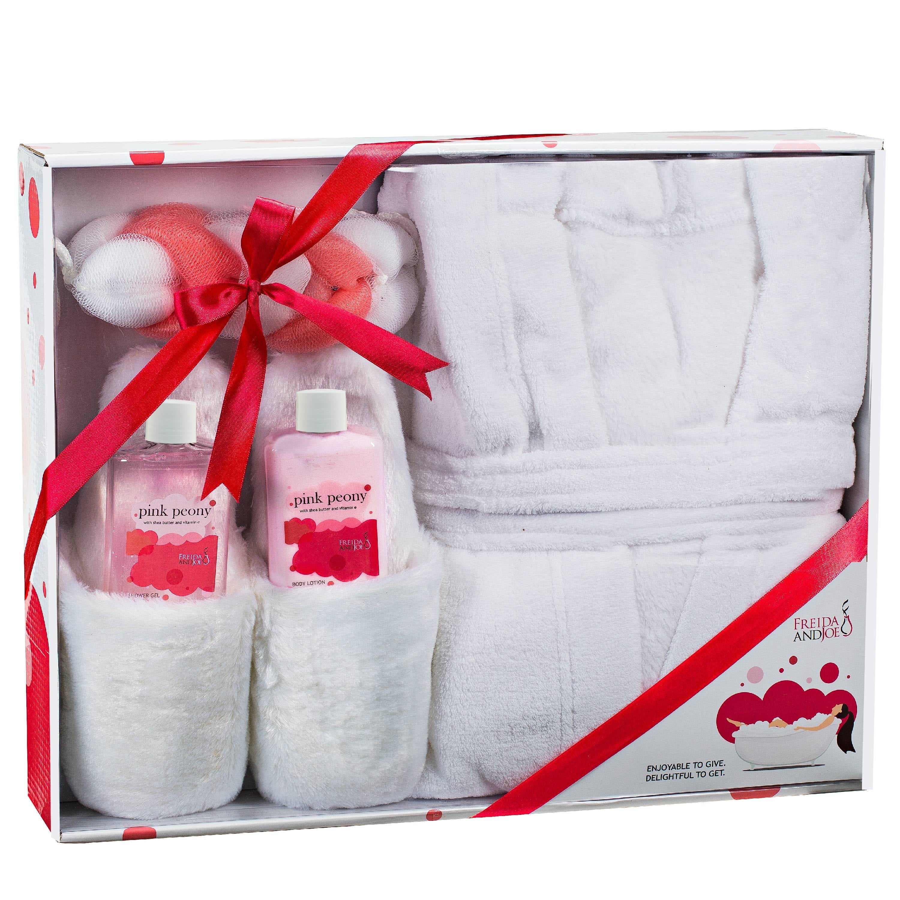 Freida and Joe Bath and Body Gift Set for Her Pink Peony Scent Home Spa Basket with Luxury Bathrobe & Slipper for Women