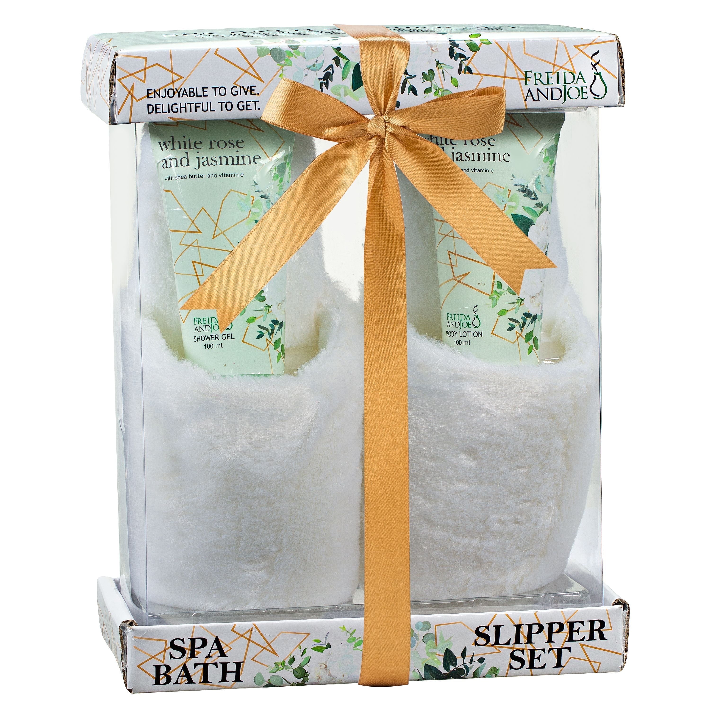FREIDA AND JOE White Rose and Jasmine Bath and Body Gift Set with Robe and Slippers, Luxury Spa Shower Set, Relaxing Self Care Gift for Women