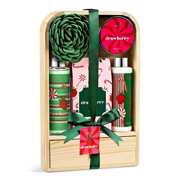 Strawberry Bath and Body Gift Set for Women and Men, Includes Shower Gel, Body Lotion, Body Scrub, Bath Salts, Spa Basket, Luxury Self-Care Kit Valentines Gift