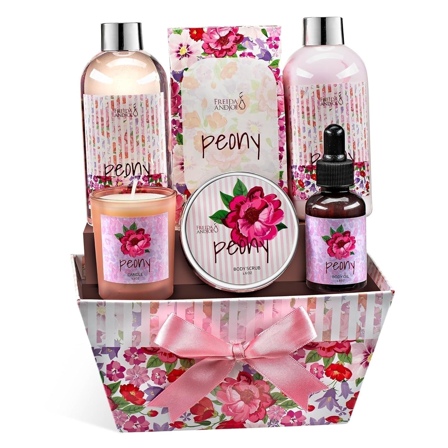 Freida and Joe Holiday Gift Set Peony Floral 7 Piece Bath Set Gift Basket Gift Set Spa Gifts for Women and Men