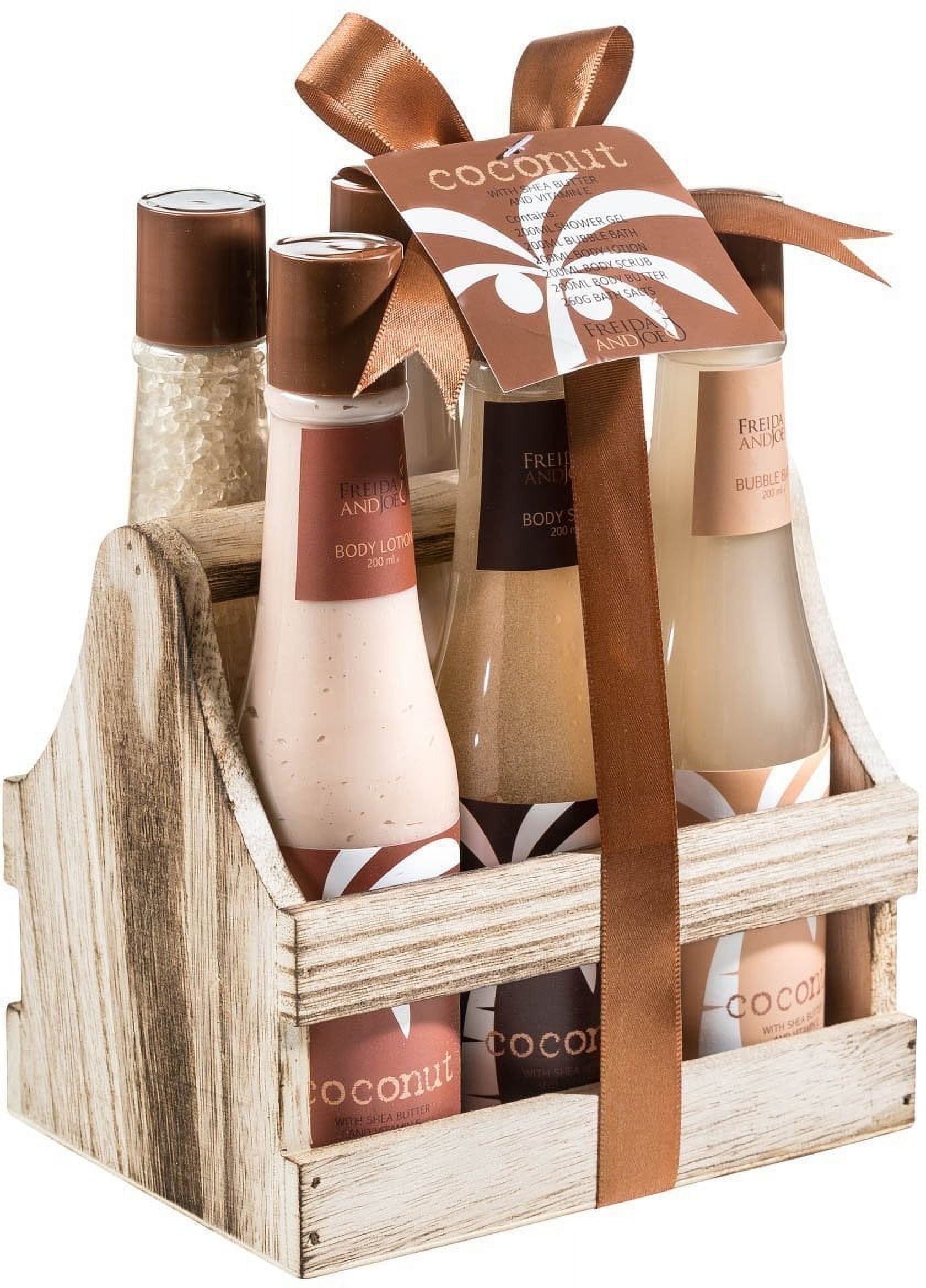 FREIDA & JOE Tropical Coconut Bath and Body Gift Set for Women & Men 6pc Spa Gift Basket with Shower Gel, Body Scrub, Lotion, Body Butter, Bubble Bath & Bath Salts Self Care Gift Set