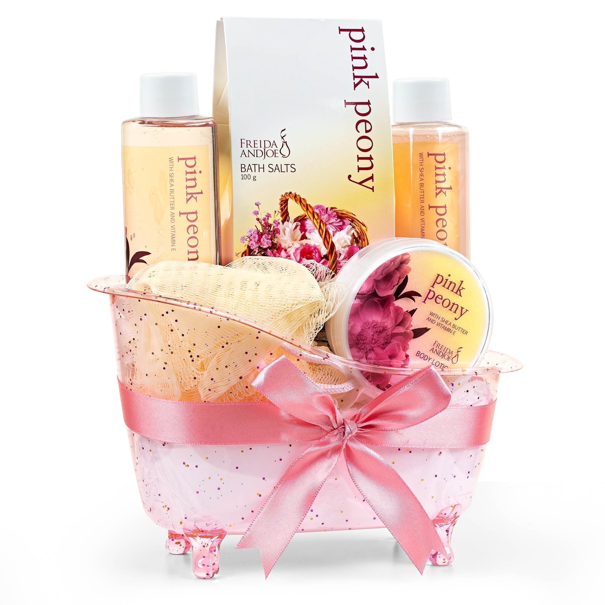 Luxury Bath Gift Set  Peony Spa Gift Basket for Women with Shower Gel, Bubble Bath, Lotion, Bath Salt Spa Kit for Women in Pink Tub Valentines Gift
