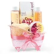 Luxury Bath Gift Set – Peony Spa Gift Basket for Women with Shower Gel, Bubble Bath, Lotion, Bath Salt Spa Kit for Women in Pink Tub Valentines Gift