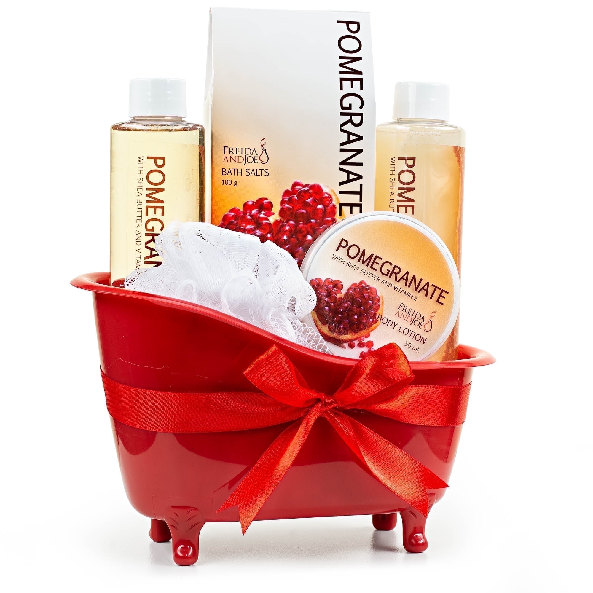 Freida and Joe Bath and Body Gift Set for Her Pomegranate Fragrance Spa Bath Gift Set in Red Tub
