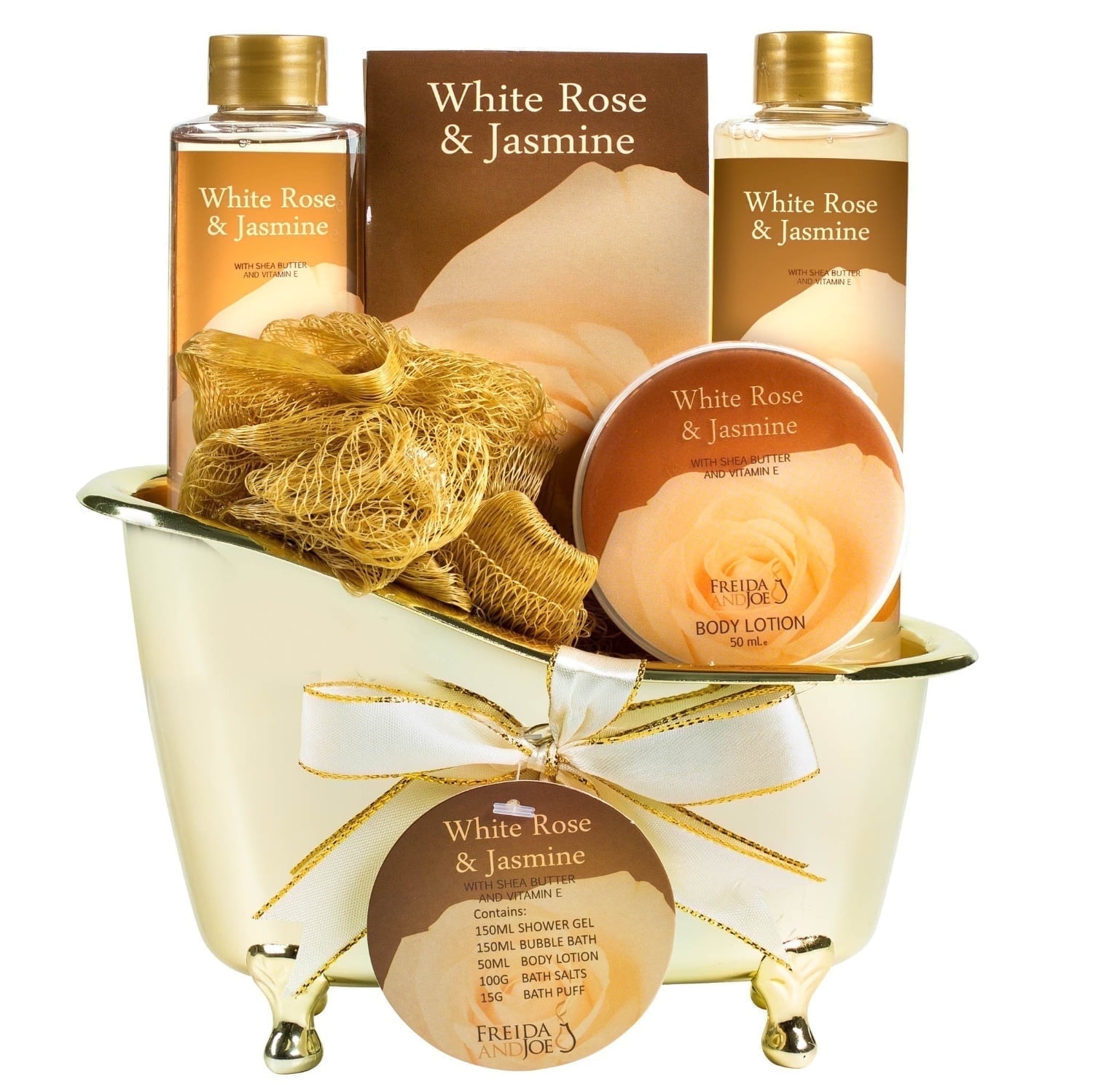 Freida and Joe Mother's Day Bath and Body Gift Set for Her White Rose Jasmine Spa Bath Gift Set for Women in Elegant Gold Tub