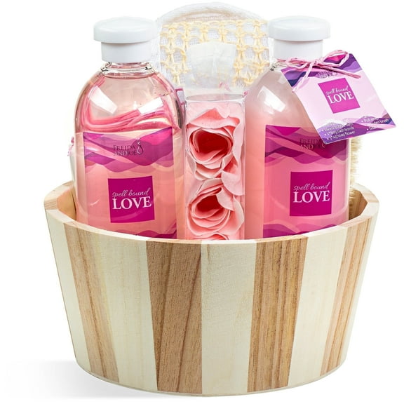 Spell Bound Love Bath and Body Gift Set for Women 9pc Spa Gift Basket with Shower Gel, Bubble Bath, Bath Bombs, Rose Soap, Candle, and Loofah Self Care Gift Set for Her