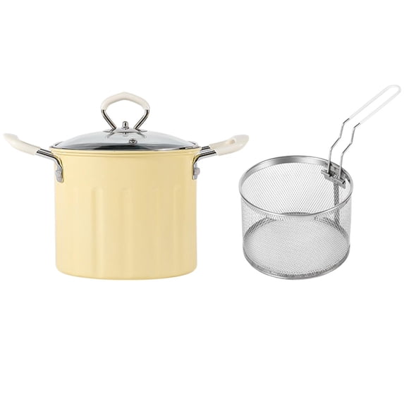 Freidora,Cesta coladora para freír de acero inoxidable,Freidora De Pollo Hogar Mini Cocina Ahorro De Aceite,Papas Fritas Freidora Olla Colador Cucharón Mango,Sartén profunda Amarillo