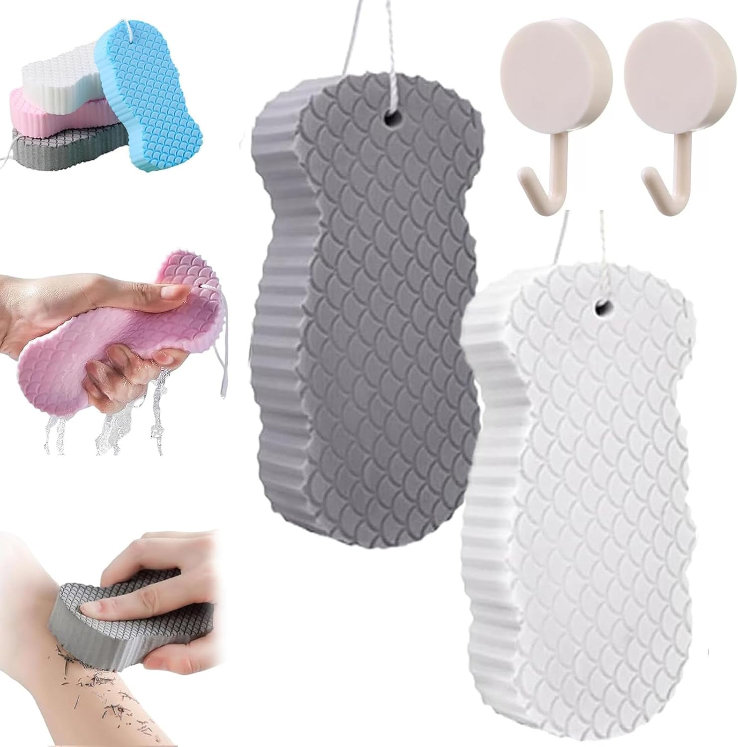 Körperpuffer Peeling – Doppelpack, 55 G, Grün/weiß, Mit Saugnapf, Für Badewanne & Dusche