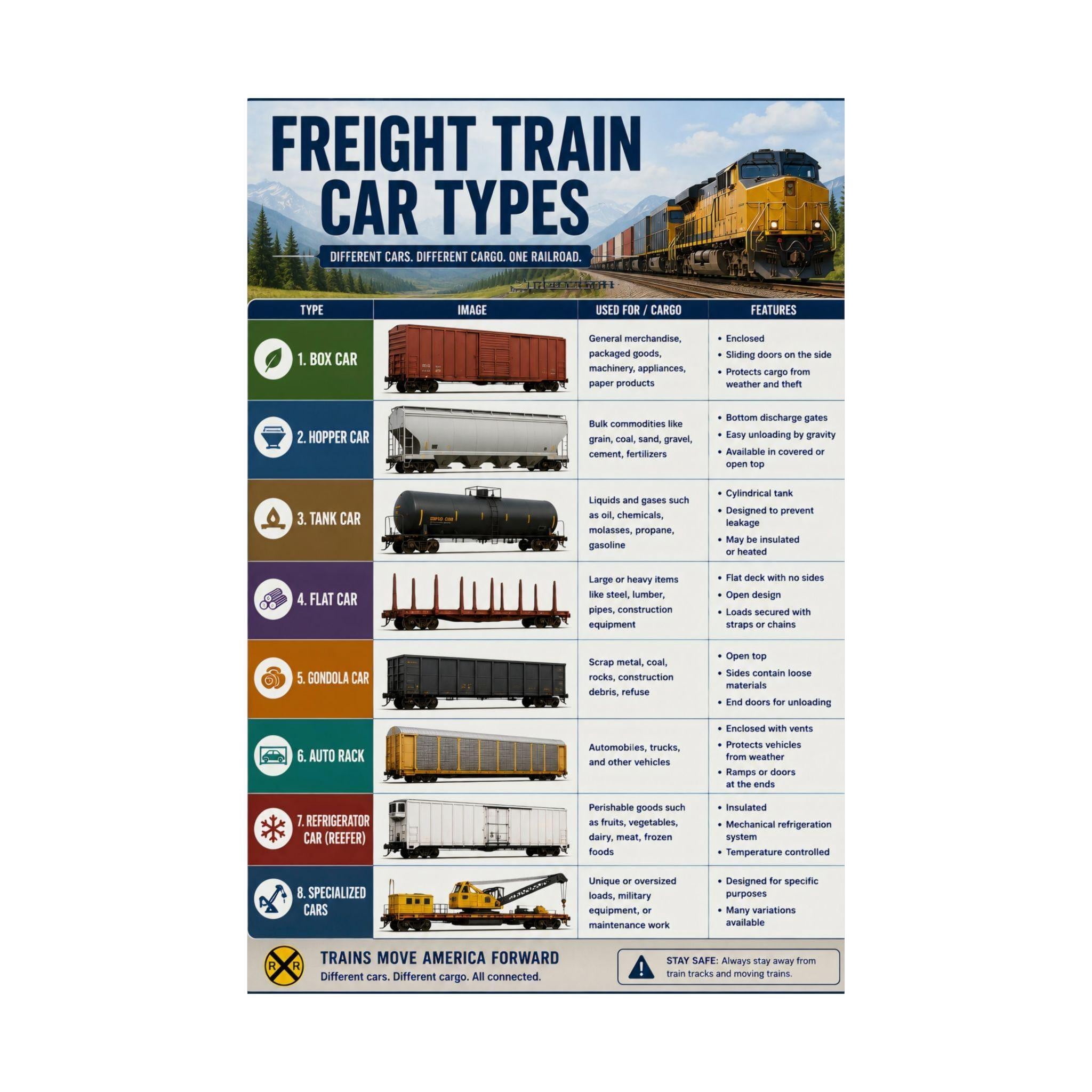 Freight Train Car Types Poster Railroad Educational Chart - Walmart.com