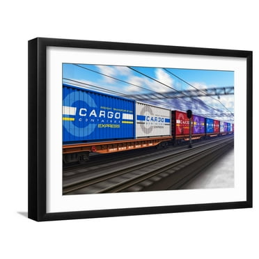 Art.com Freight Train with Cargo Containers Photographic Print by Scanrail, Black Frame Wall Art, 23" x 17"