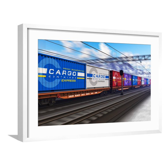 Art.com Freight Train with Cargo Containers Photographic Print by Scanrail, White Frame Wall Art, 29" x 21"