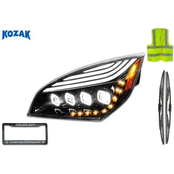 Compatible with Freightliner Cascadia 2018+ Full LED Quad Halo DRL Sequential Turn Signal Projector Headlight Driver Left Side