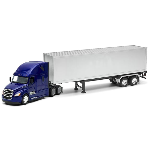 Freightliner Cascadia Truck Blue Metallic with Gray Container "Transporter" Series 1/32 Diecast Model by Welly