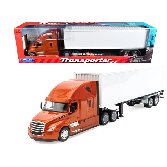 Freightliner Cascadia Truck Bronze Metallic with White Container "Transporter" Series 1/32 Diecast Model by Welly