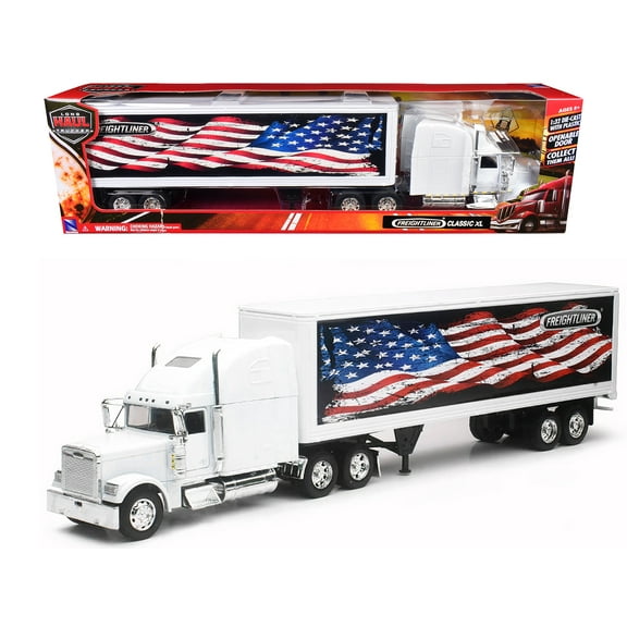 Freightliner Classic XL Truck White with Dry Van Trailer White with Patriotic Graphic 1/32 Diecast Model by New Ray