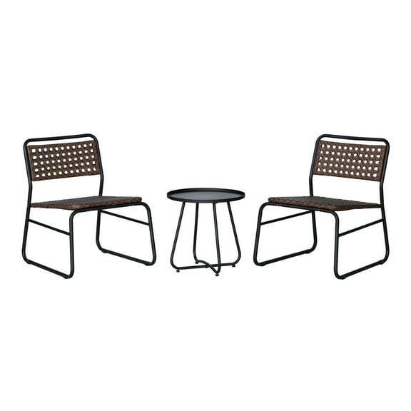 Freja 3-Piece Mid-Century Modern Faux Rattan Conversation Outdoor Patio Set, Black/Brown