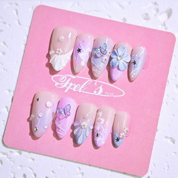 Frely's nail ALMOND Purple Cherry Blossom S ,Handmade nail art,Press-On Nails, Holiday Gift Set with Holiday