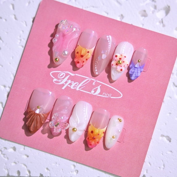 Frely's nail ALMOND Summer Isle S ,Handmade nail art,Press-On Nails, Holiday Gift Set with Holiday