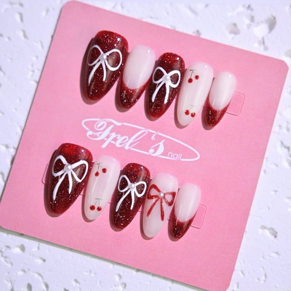 Frely's nail ALMOND Sweet Tea M,Handmade nail art,Press-On Nails, Holiday Gift Set with Holiday
