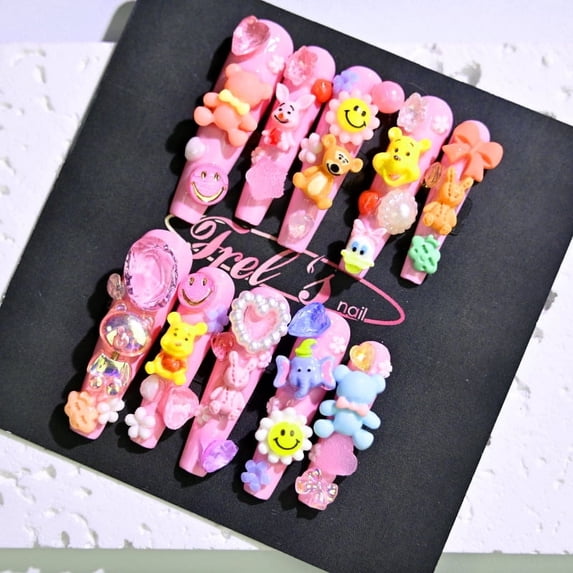 Frely's nail SQUARE Pink Cartoon M,Handmade nail art,Press-On Nails, Holiday Gift Set with Holiday